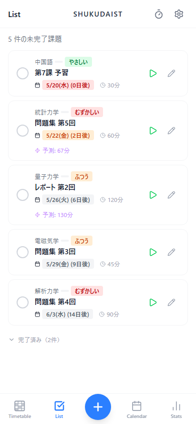 Shukudaist 課題一覧画面